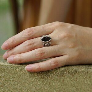 Vintage silver hollow ring, inlaid with dark brown marquise-shaped gemstone ring